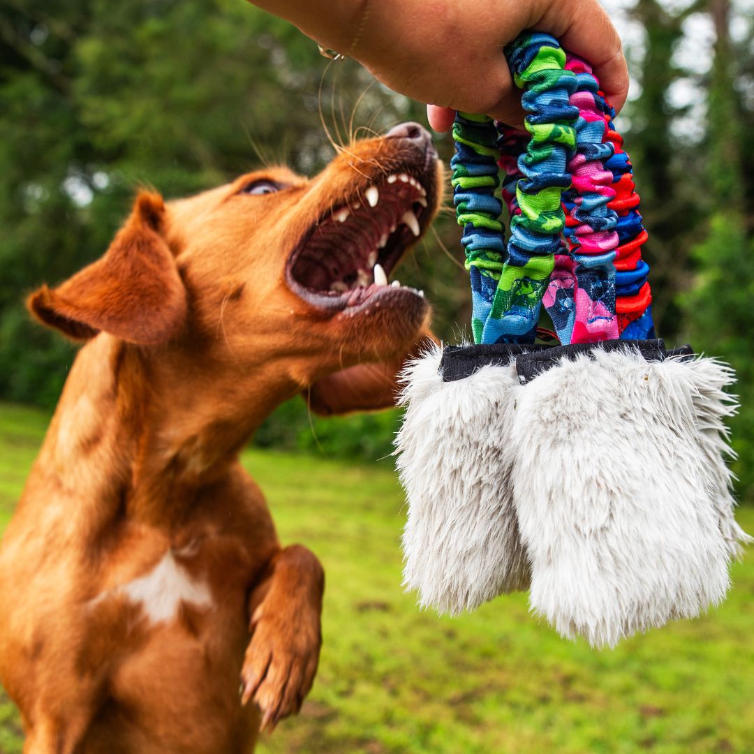 Faux Fur Pocket Bungee Squeaker | Shop Brit | UK Pet Shop | Bungee Tug Toy