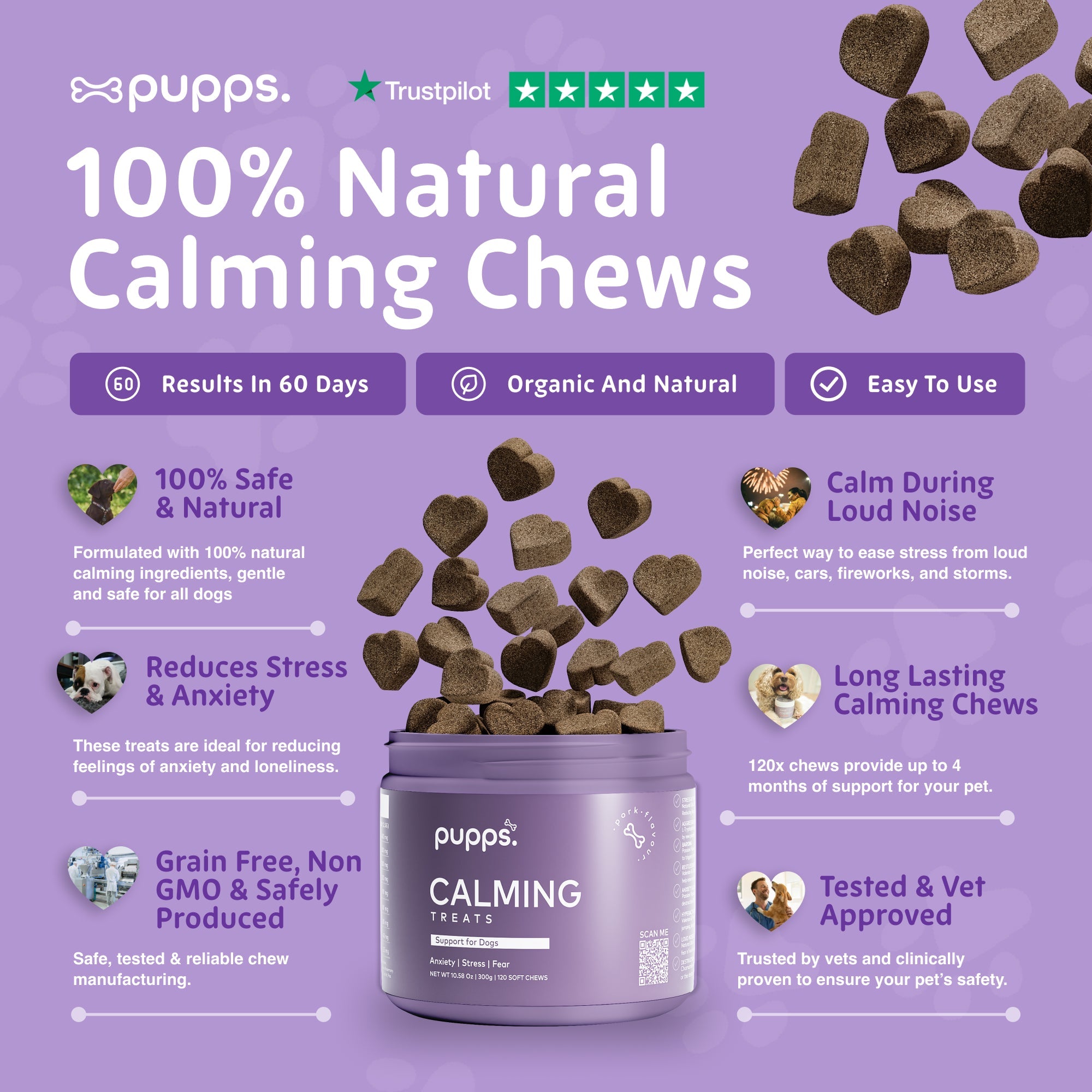 Pupps Calming Treats for Dogs | Natural Anxiety & Stress Relief Chews with Chamomile, Valerian & Hemp – UK Made