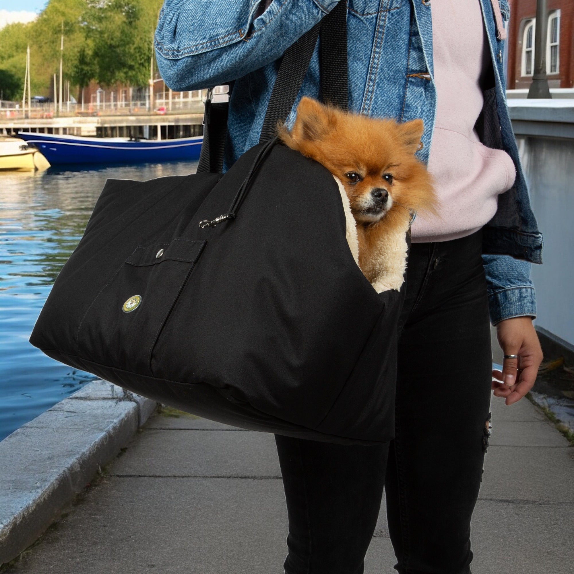Soho Poms Black & Light Blue Luxury Rainy Bear Dog Carrier with Zipper | Shop Brit | UK Pet Shop | Dog Carriers