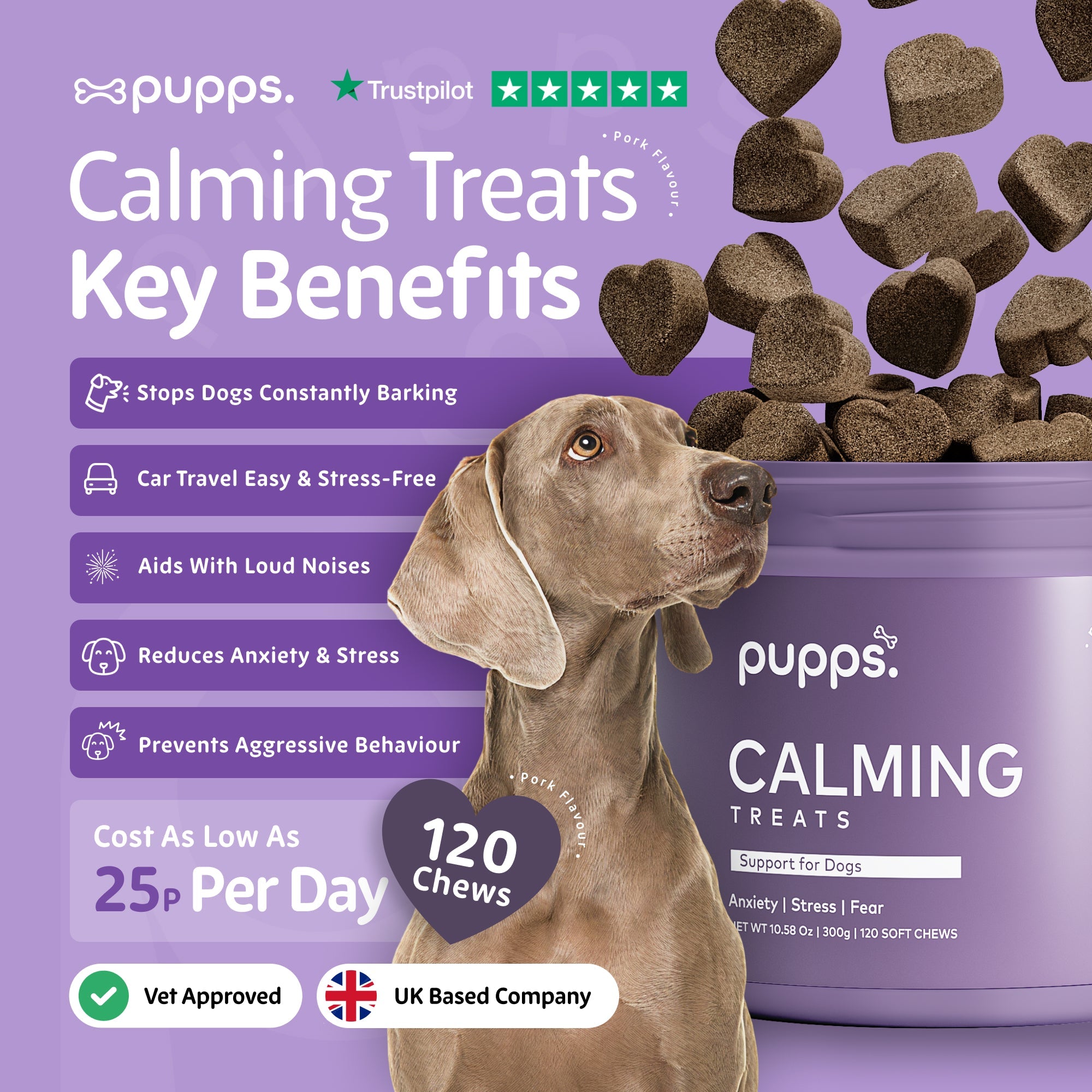 Pupps Calming Treats for Dogs | Natural Anxiety & Stress Relief Chews with Chamomile, Valerian & Hemp – UK Made