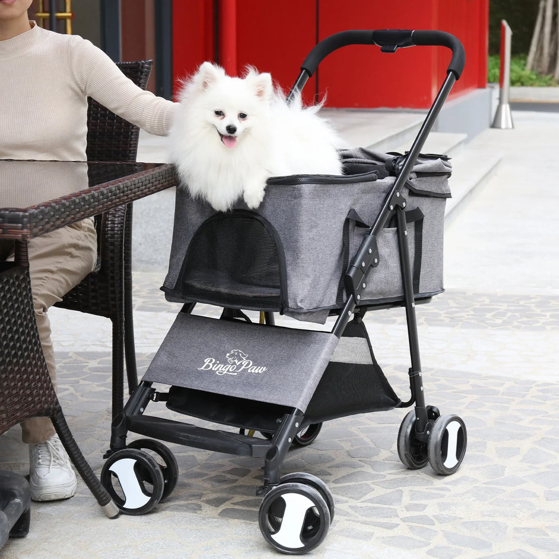 Large 4 Wheel Dog Carrier Trailer, Pram with Mesh Windows, Outdoor Portable Puppy Travel Walk Carrier, Load 30kg