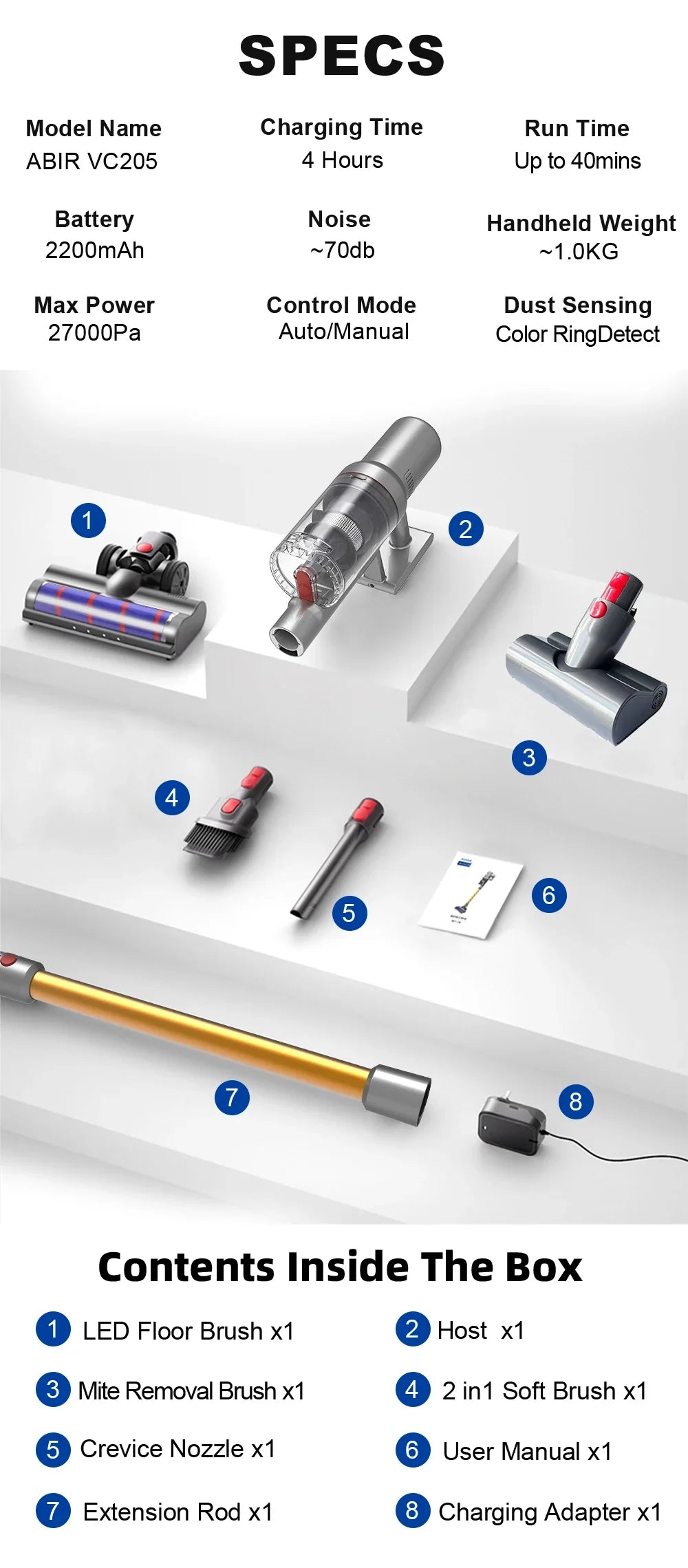 Cordless Handheld Vacuum Cleaner,27000PA,Touch Screen,Smart Dust Sensor,Auto Speed Control for Home Bed Carpet Clean