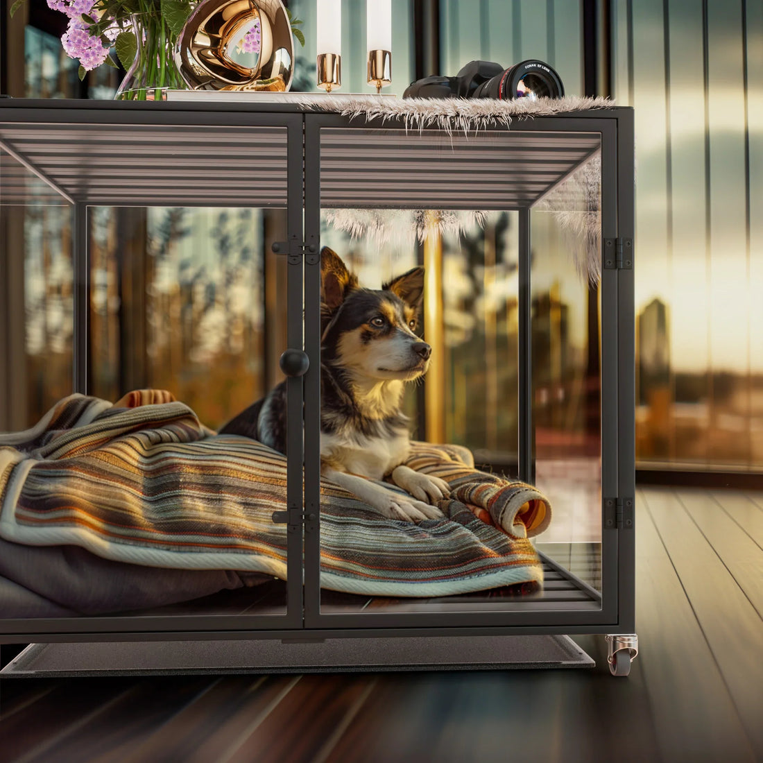 Tempered Glass Dog Crate with Aluminum Frame, Rolling Pet Cage, Kennels with 2 Doors and Removable Tray