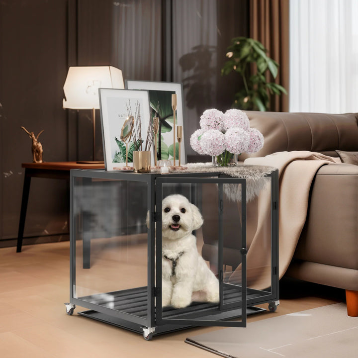 Tempered Glass Dog Crate with Aluminum Frame, Rolling Pet Cage, Kennels with 2 Doors and Removable Tray