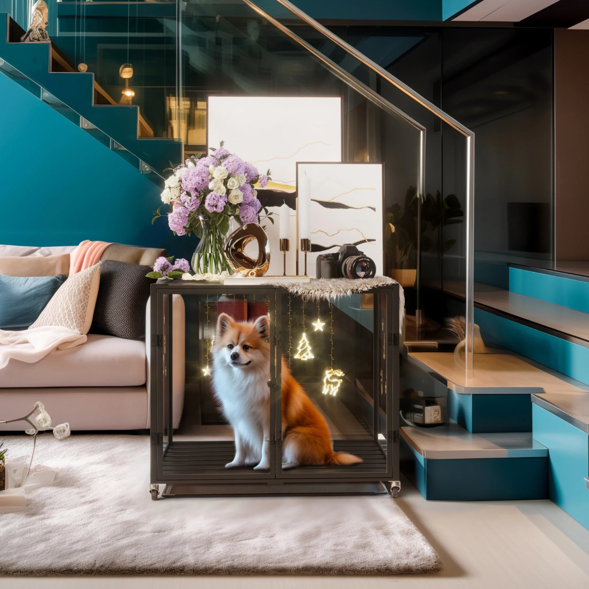 Tempered Glass Dog Crate with Aluminum Frame, Rolling Pet Cage, Kennels with 2 Doors and Removable Tray