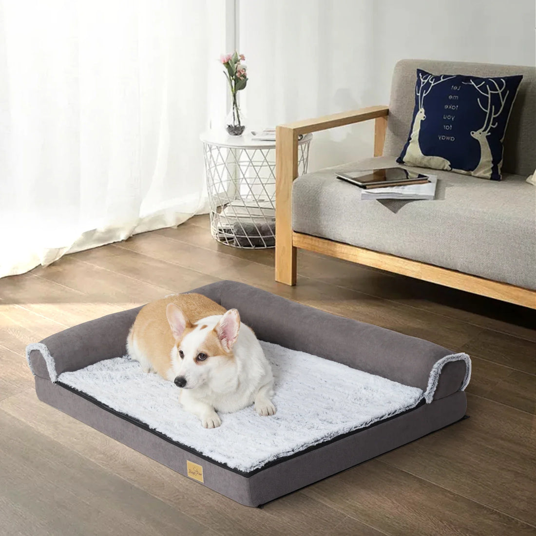 BigngoPaw Heavy Duty Dog Bed for Large Medium Super Soft L-shape Pet Calming Bed Chaise Sofa Kennel Mat w/ Removable Plush Cover
