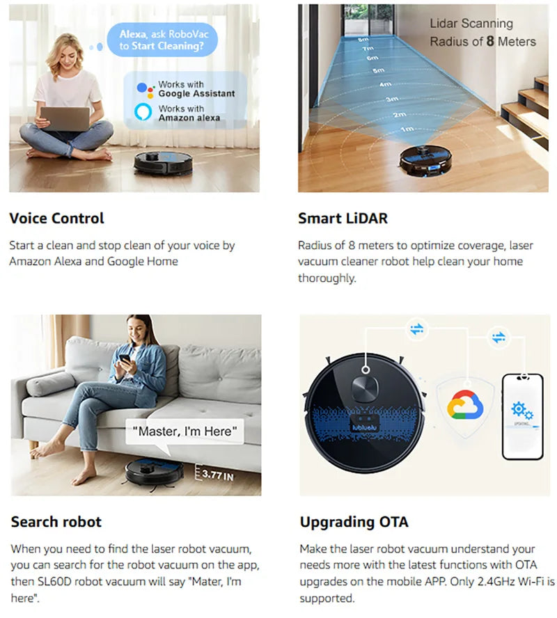 Lubluelu SL60D Robot Vacuum and Mop Combo - 4000Pa Suction, 150Mins Runtime, Quiet Operation, 10 No-Go Zones For Pet Hair Carpet