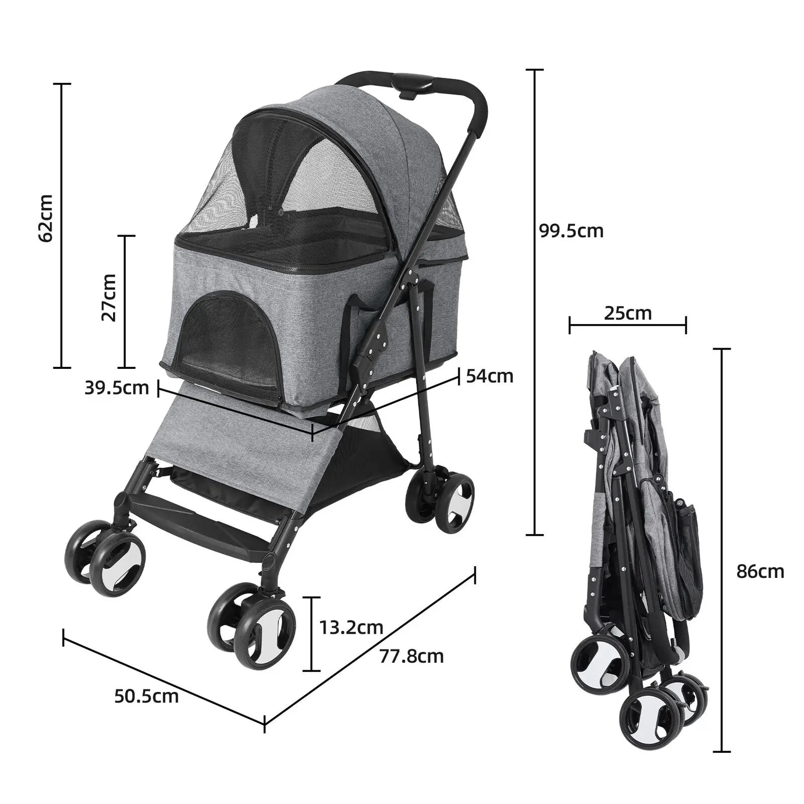 Large 4 Wheel Dog Carrier Trailer, Pram with Mesh Windows, Outdoor Portable Puppy Travel Walk Carrier, Load 30kg