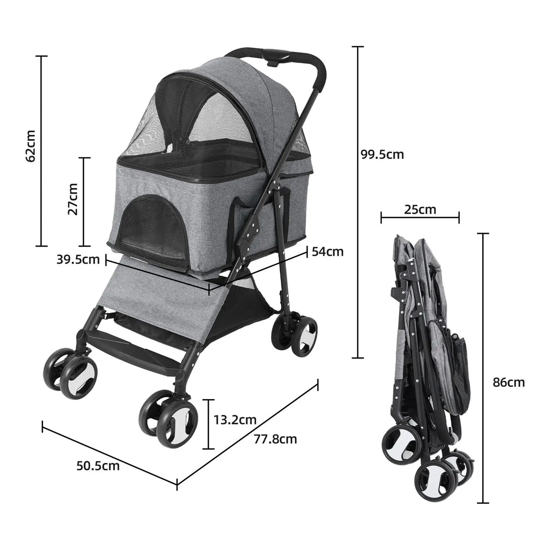 Large 4 Wheel Dog Carrier Trailer, Pram with Mesh Windows, Outdoor Portable Puppy Travel Walk Carrier, Load 30kg