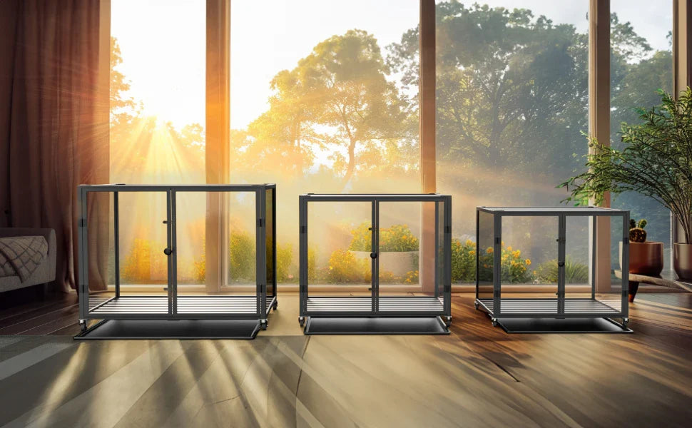 Tempered Glass Dog Crate with Aluminum Frame, Rolling Pet Cage, Kennels with 2 Doors and Removable Tray