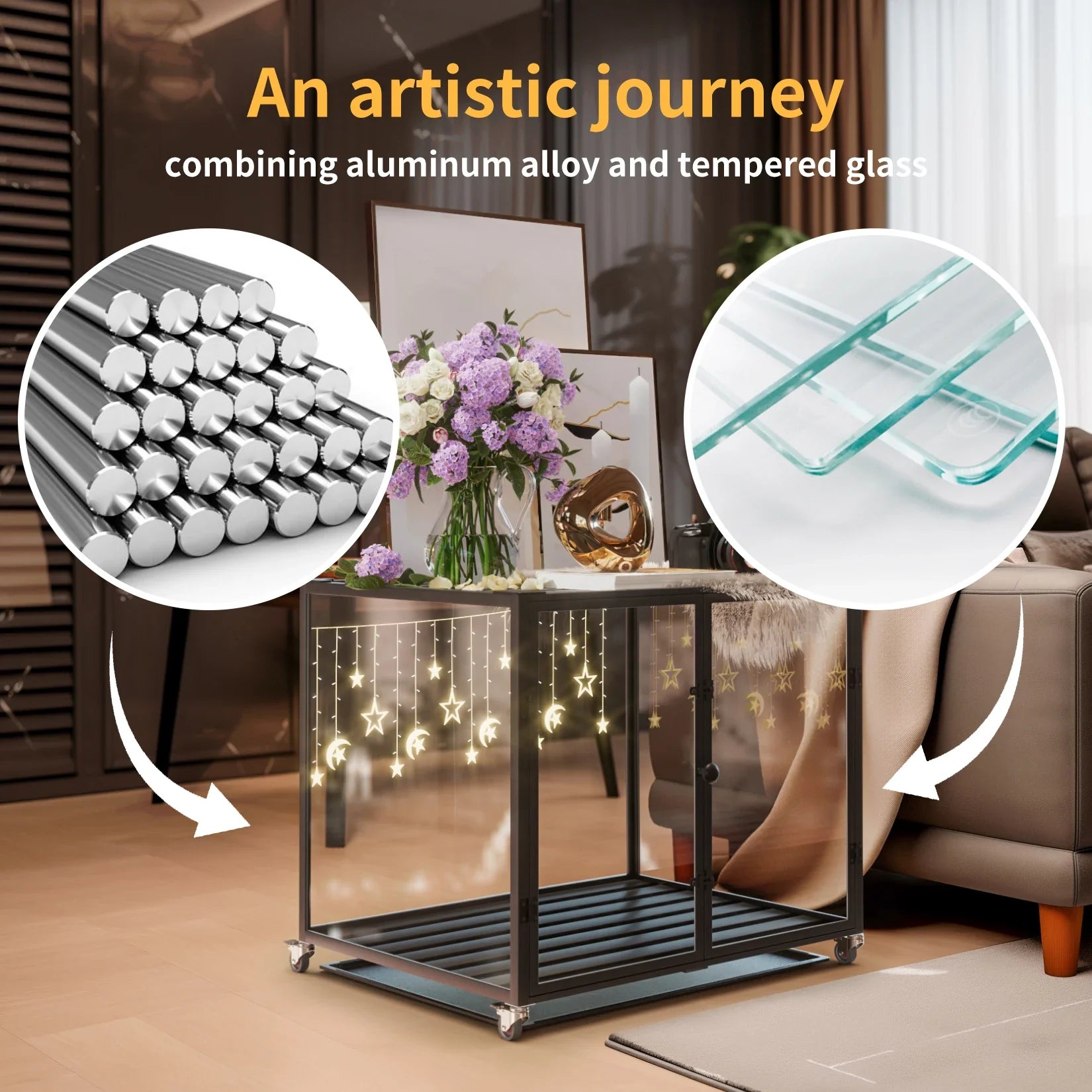 Tempered Glass Dog Crate with Aluminum Frame, Rolling Pet Cage, Kennels with 2 Doors and Removable Tray