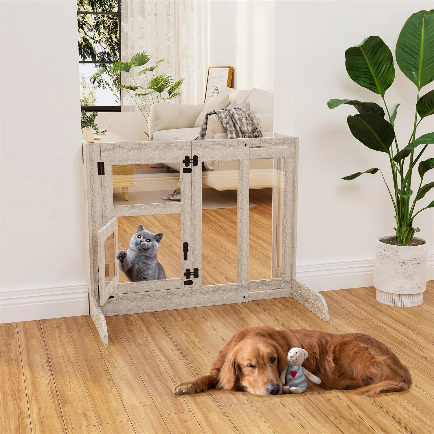 Tempered Glass Dog Gate Adjustable Length From 77 to 100cm Pet Door Gate Barrier Fence Panels