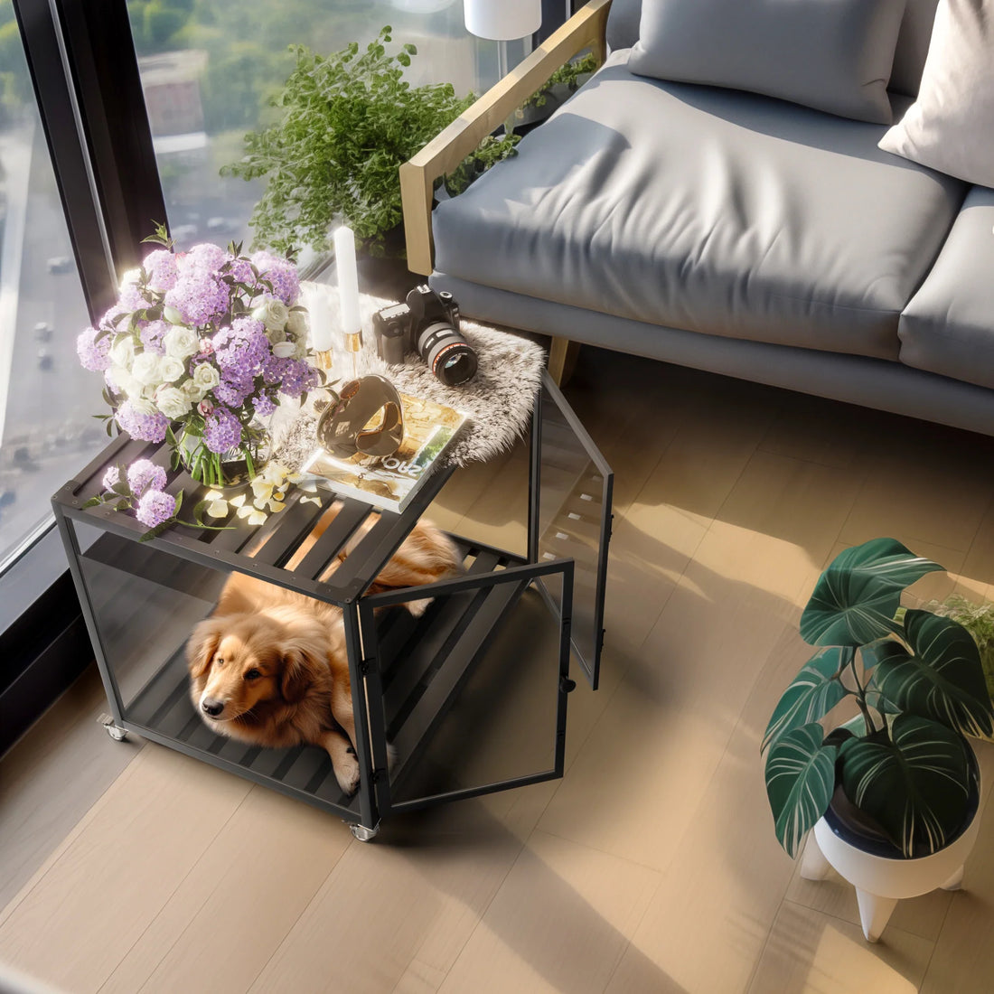 Tempered Glass Dog Crate with Aluminum Frame, Rolling Pet Cage, Kennels with 2 Doors and Removable Tray