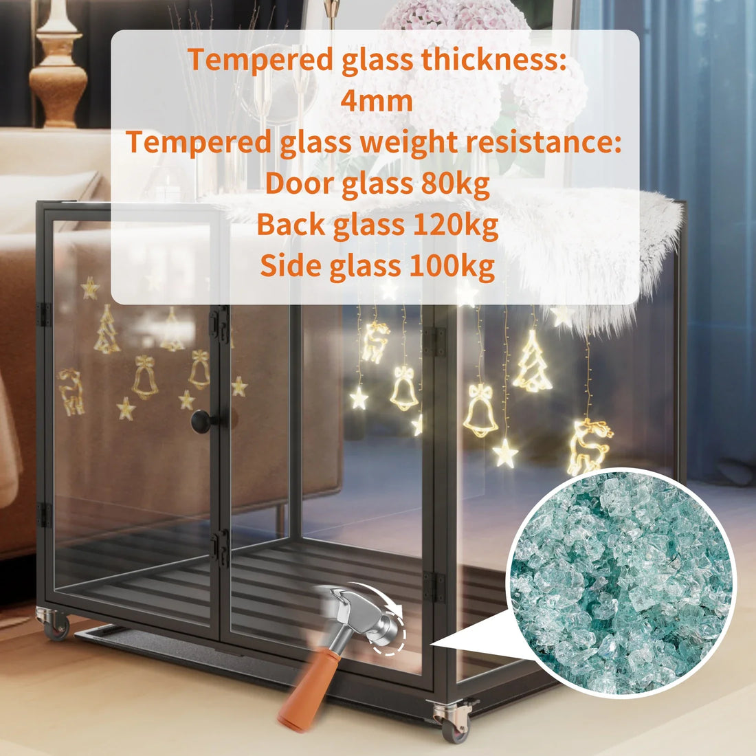 Tempered Glass Dog Crate with Aluminum Frame, Rolling Pet Cage, Kennels with 2 Doors and Removable Tray