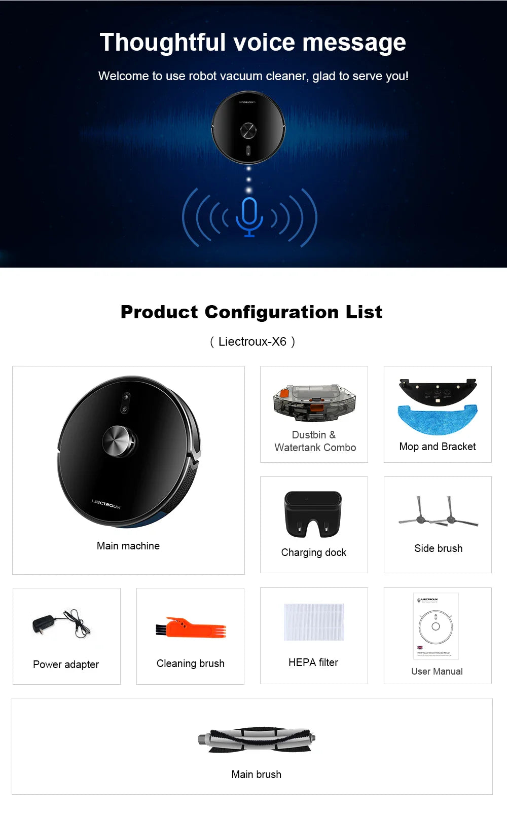 Liectroux / LILIN X6 LDS Robot Vacuum Cleaner,Laser Lidar Navigation,Wet Dry Mopping,6500Pa Suction,Multi-Floor Map,Carpet Boost