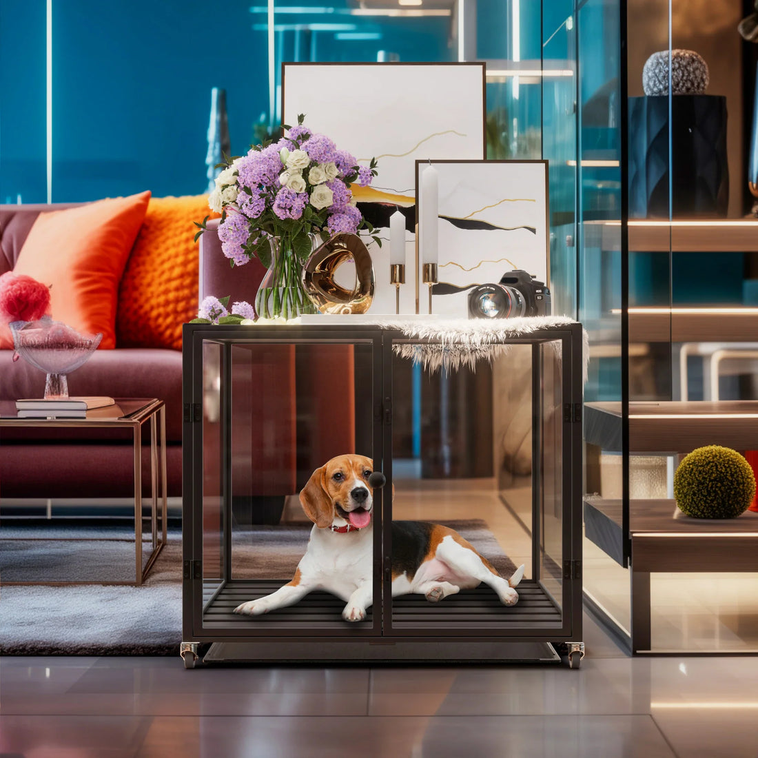 Tempered Glass Dog Crate with Aluminum Frame, Rolling Pet Cage, Kennels with 2 Doors and Removable Tray