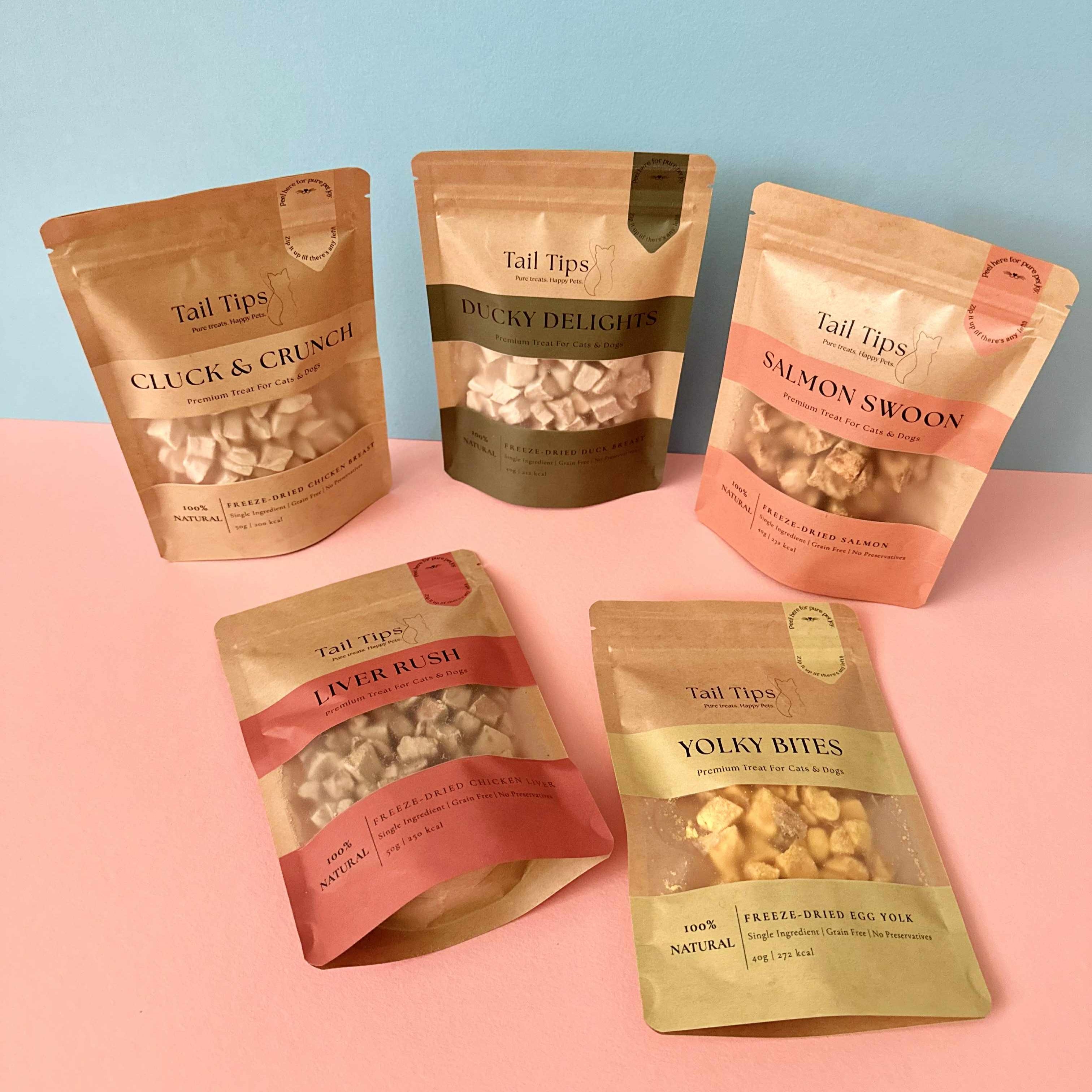 Taster Pack - 5 Freeze-Dried Pet Treats | Try All Flavours | Tail Tips UK | Shop Brit | UK Pet Shop | Pet Treats